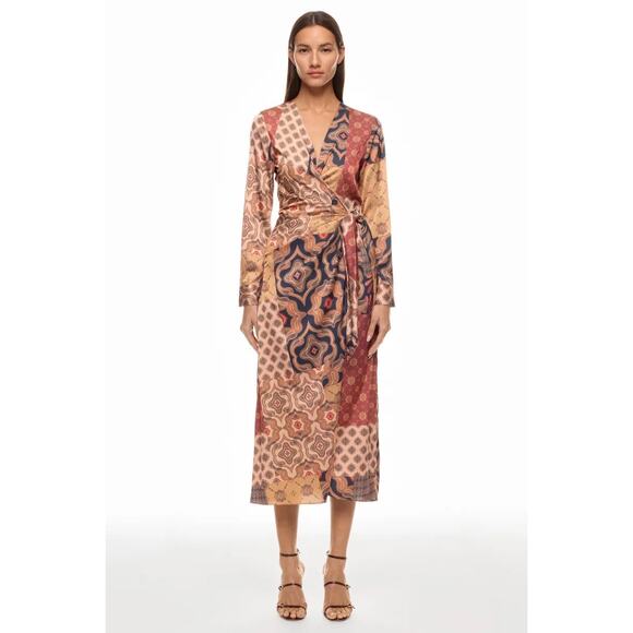 Misa Dresses & Skirts - MISA Eliza Patchwork Print Long Sleeve Tie Waist Boho Wrap Midi Dress Size M